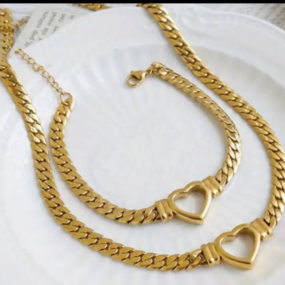 Stainless Steel 18k Gold Plated Heart Necklace With Matching Bracelet